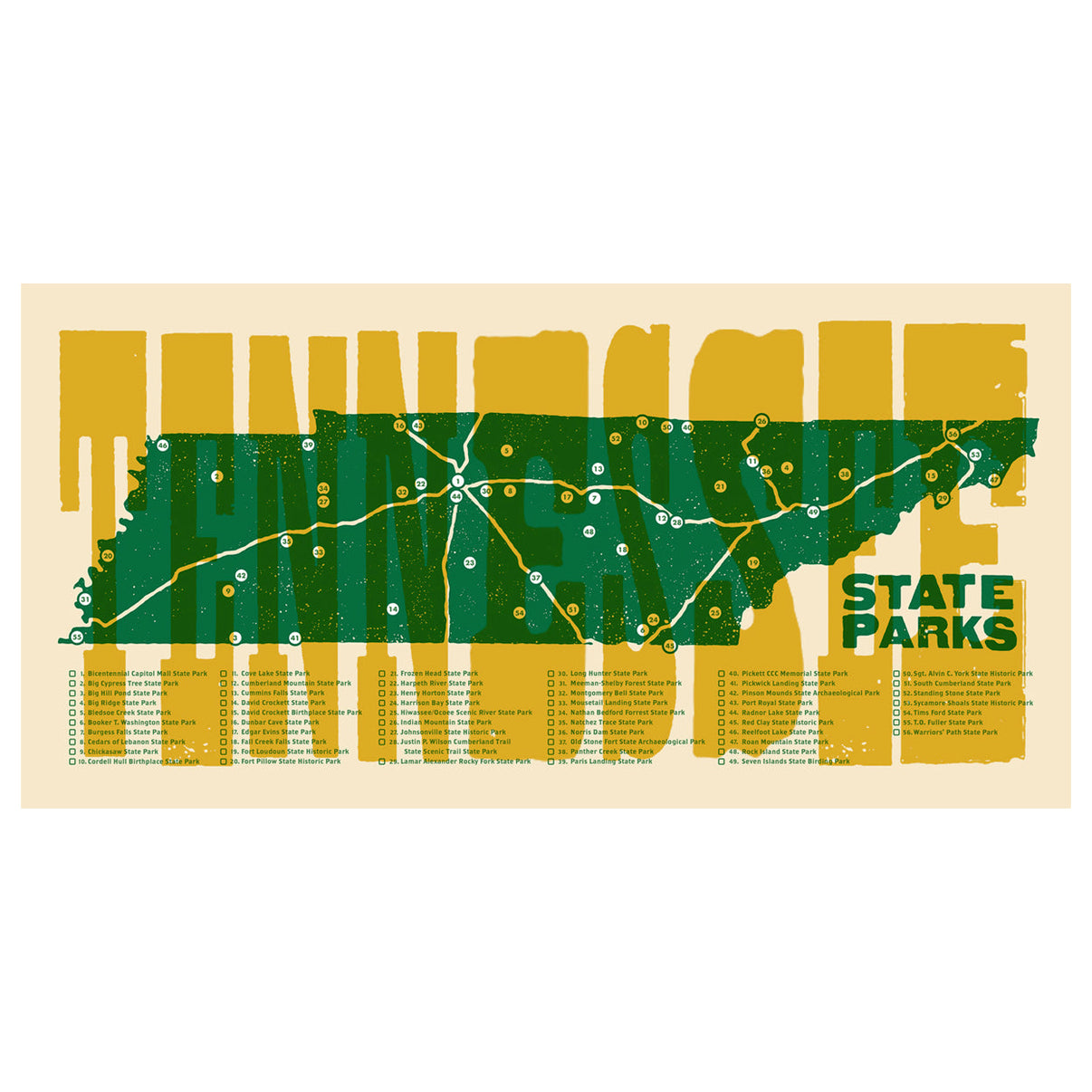 TNSP - Parks Map Poster Yellow/Green – Tennessee State Parks Online ...